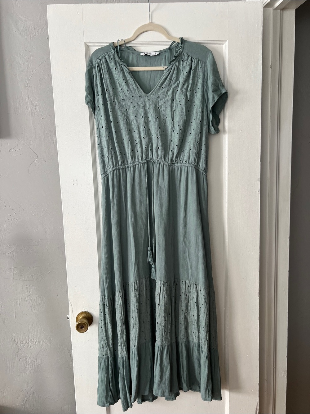 Sage Green Eyelet V-Neck Tiered Maxi Dress